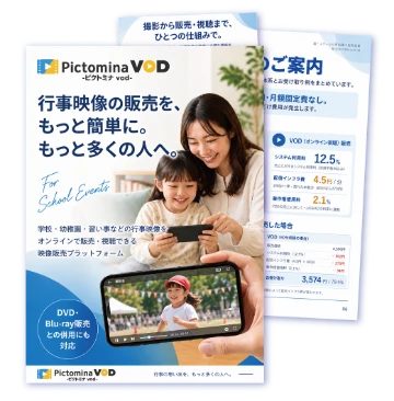 Pictomina VOD サービス資料の表紙と料金のご案内のページ