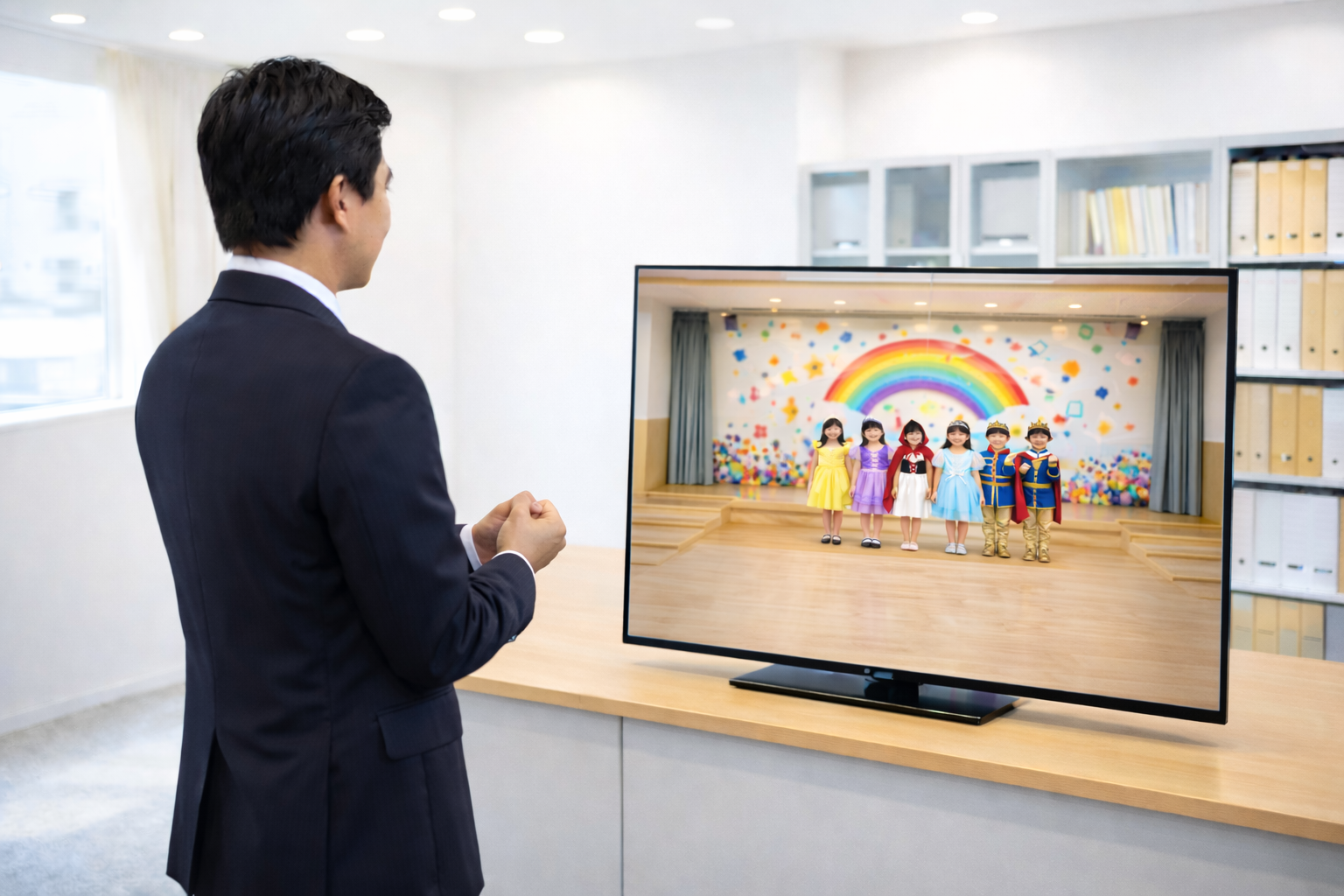 完成映像をチェックする男性の後ろ姿とモニターに映るステージ全景