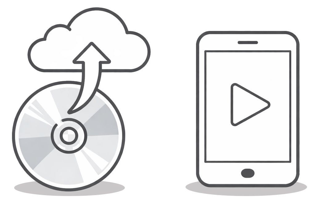 ディスクからクラウドへの移行とスマホ再生 - VOD移行を表すアイコン