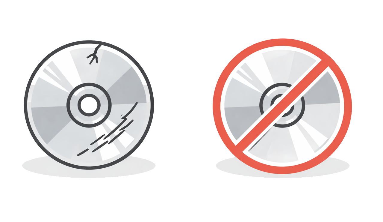 傷ついたDVDと禁止マーク - DVD/BD限界を表すアイコン