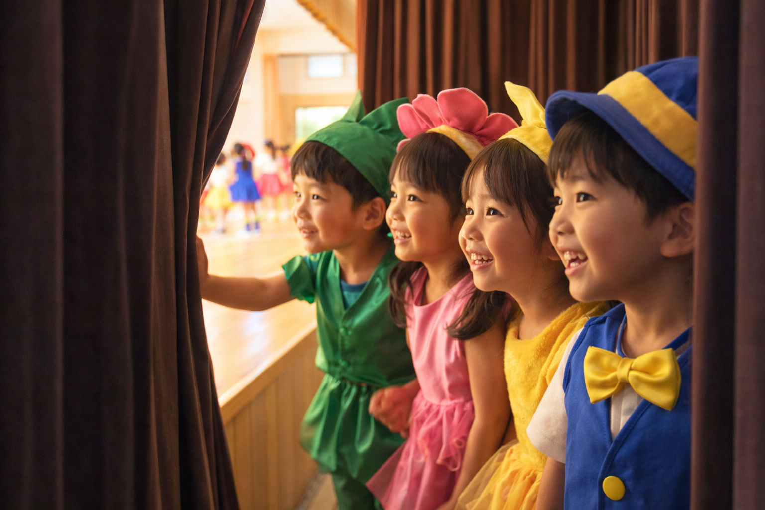 発表会の舞台袖でカーテンの隙間からステージを覗く園児たち。カラフルな衣装を着た子どもたちが緊張しつつもわくわくした期待に満ちた笑顔を見せている