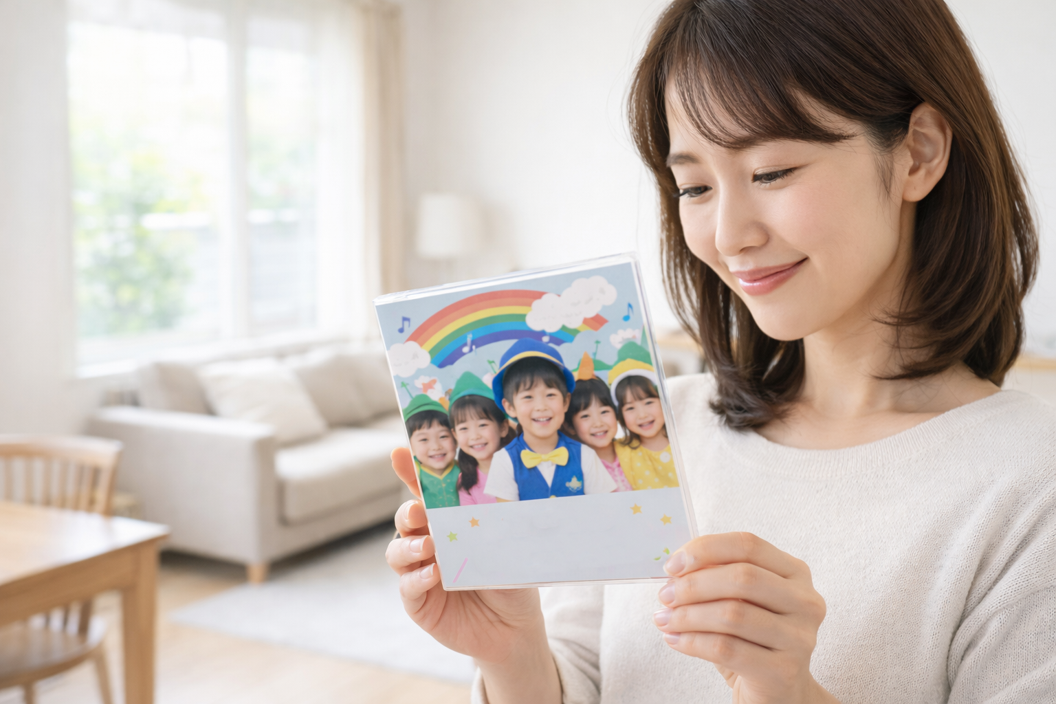 園児の写真がデザインされたオリジナルDVDジャケットを手に取り、笑顔で眺める母親。明るいリビングで大切そうに持っている