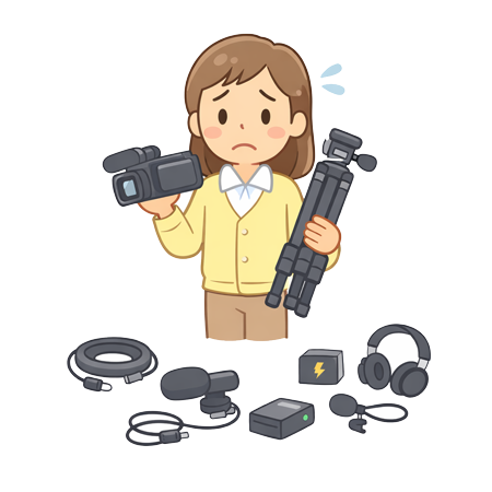 撮影・編集・DVD作成に困る先生のイラスト