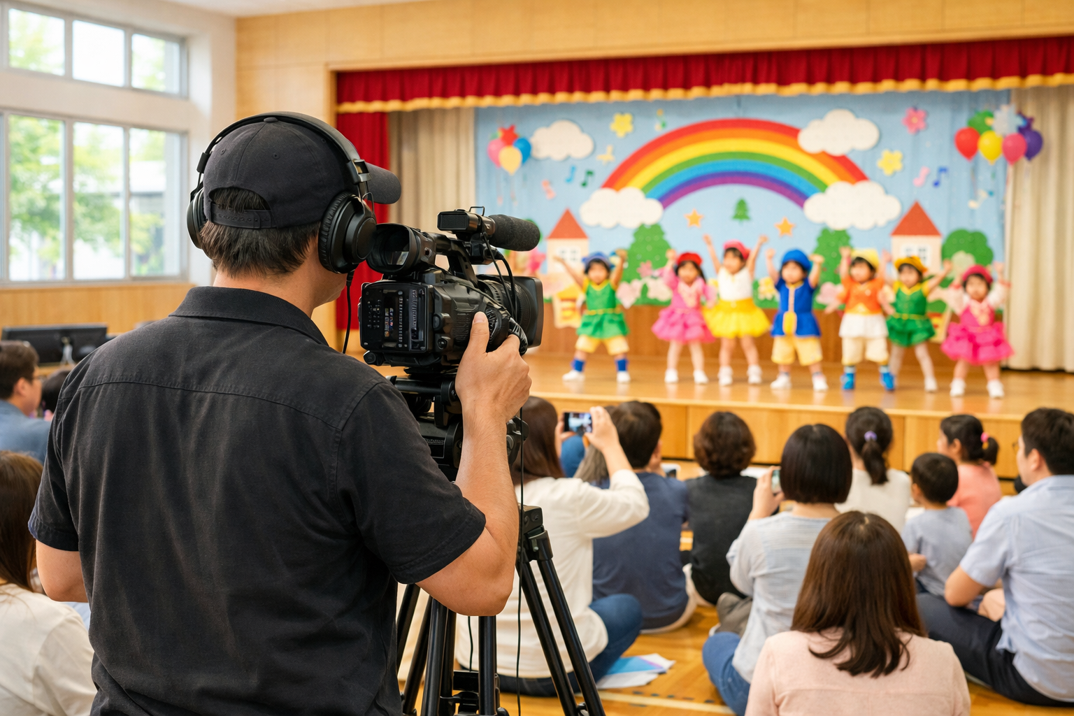 幼稚園の発表会でビデオカメラを構えるカメラマンの後ろ姿。ステージ上でカラフルな衣装の園児たちが演技し、客席の保護者が見守る明るい体育館