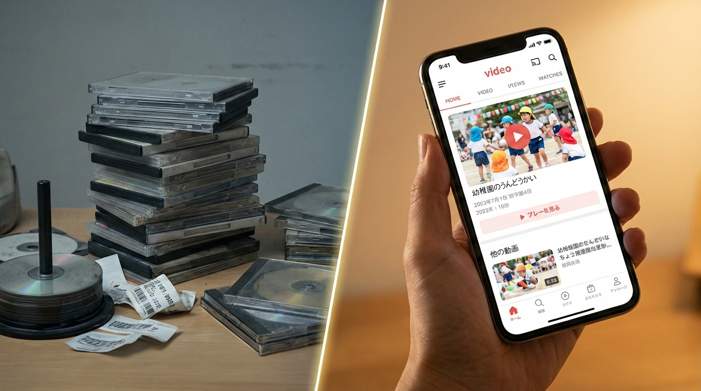 DVDの山とスマホでのVOD配信を比較した画像。左側にDVDケースが積み上げられたデスク、右側にスマートフォンで幼稚園の行事動画を視聴している様子