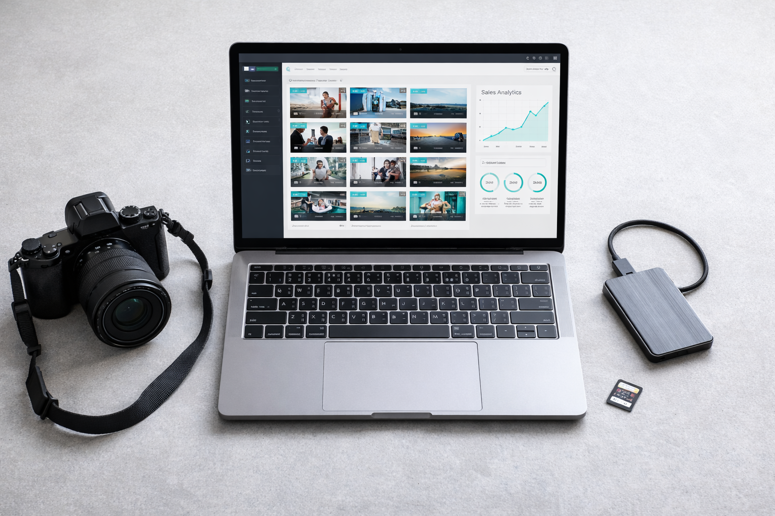 VOD配信プラットフォームのダッシュボードが表示されたノートパソコン、カメラ、SSD、SDカード。DVD制作機材が不要になった撮影業者の新しいワークフロー